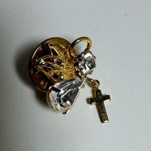 Gold Tone Rhinestone Angel & Dangle Cross Pin‎